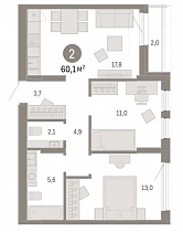 2-комнатная квартира 60.1 м2 ЖК «Республики 205»