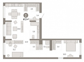2-комнатная квартира 87.2 м2 ЖК «Республики 205»