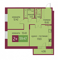 2-комнатная квартира 59,47 м2 апартаменты «Салют»