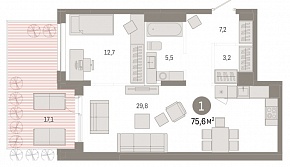 1-комнатная квартира 75.6 м2 ЖК «Республики 205»
