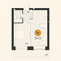 1-комнатная квартира 54.5 м2 ЖК «Корней»
