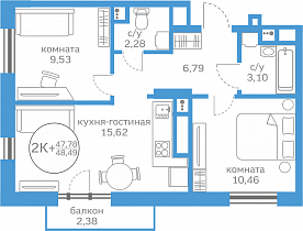 2-комнатная квартира 47.78 м2 ЖК «Меридиан Запад»