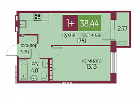 1-комнатная квартира 38,44 м2 апартаменты «Салют»