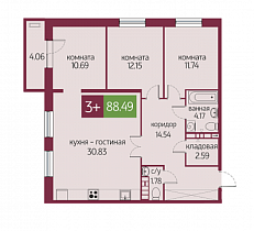 3-комнатная квартира 35,91 м2 апартаменты «Салют»