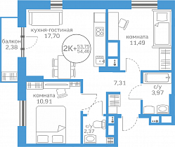 2-комнатная квартира 53.75 м2 ЖК «Меридиан Запад»