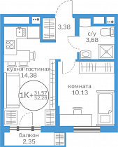 1-комнатная квартира 31.57 м2 ЖК «Меридиан Запад»