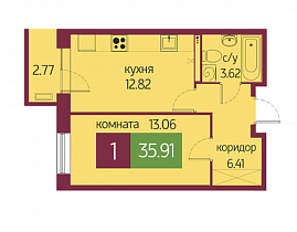 1-комнатная квартира 35,91 м2 апартаменты «Салют»