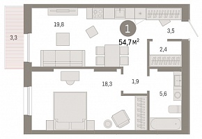 1-комнатная квартира 54.7 м2 ЖК «Республики 205»